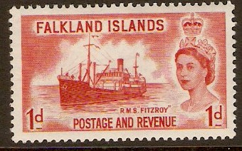 Falkland Islands 1955 1d Red. SG188.