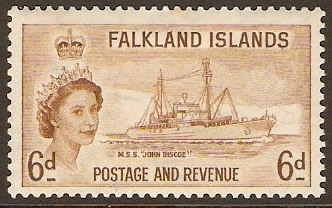 Falkland Islands 1955 6d Brown. SG190.