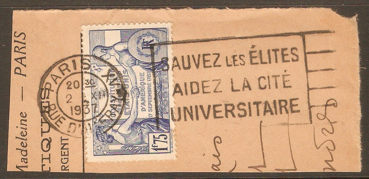 France 1937 1f.75 US Constitution Anniversary Stamp. SG589.