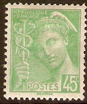 France 1938 45c Emerald green Mercury Design Stamp. SG627.