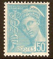 France 1938 50c Blue Mercury Design Stamp. SG627a.