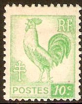 France 1944 10c Yellow-green - Gallic Cock Series. SG832.
