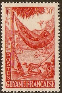 French Guiana 1947 30c Red - Hammock series. SG225.