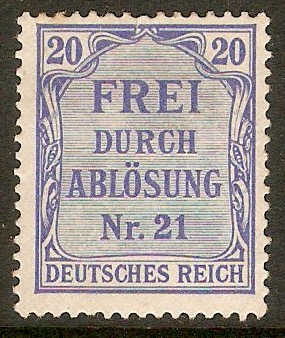 Germany 1903 20pf Ultramarine - Official stamp. SGO86.