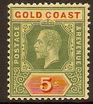 Gold Coast 1913 5s Green and red on yellow. SG82b.