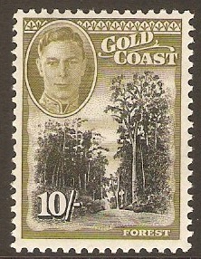 Gold Coast 1948 10s Black and sage-green. SG146.