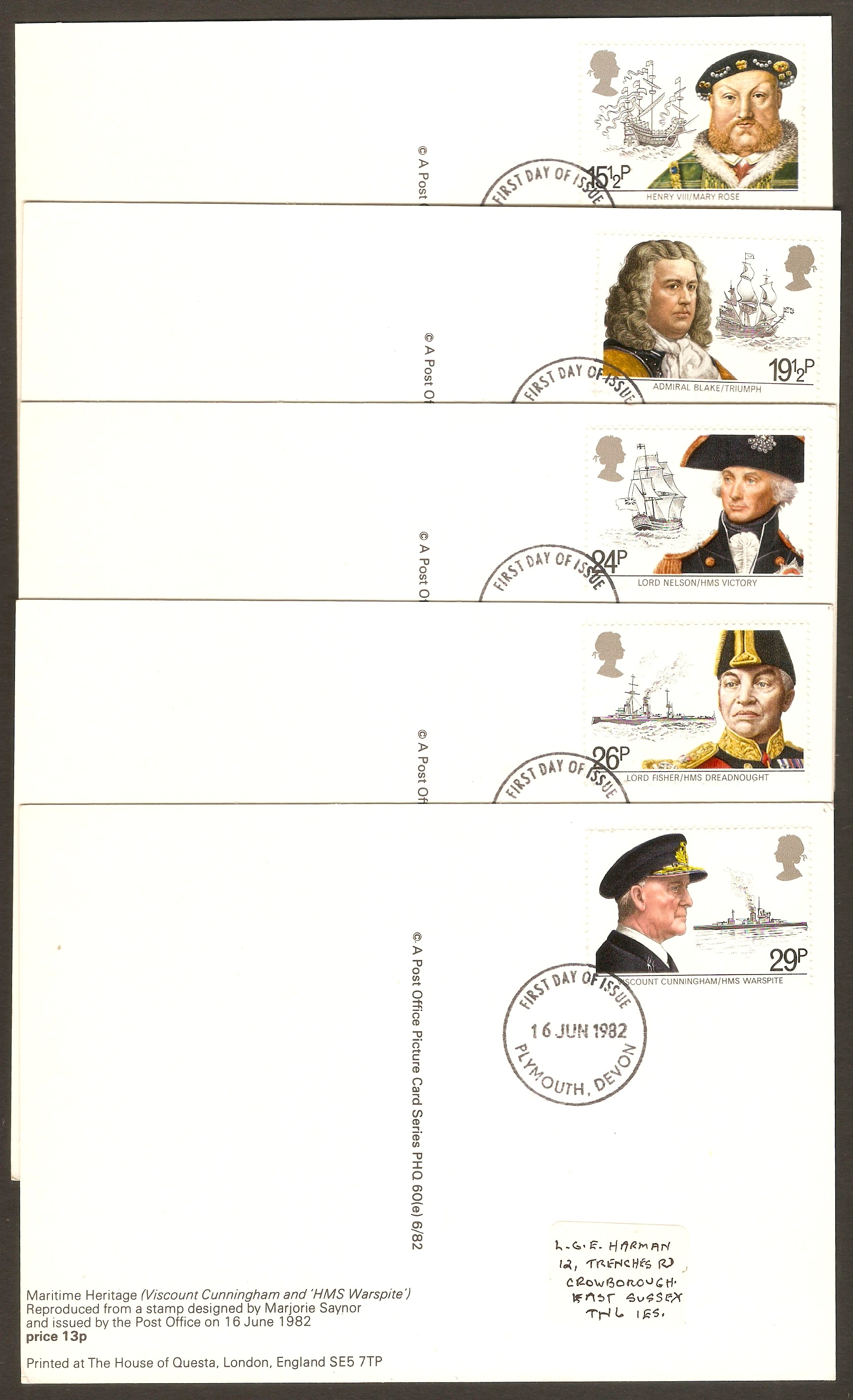 Great Britain 1982 Maritime Heritage on set of 5 PHQ Cards.