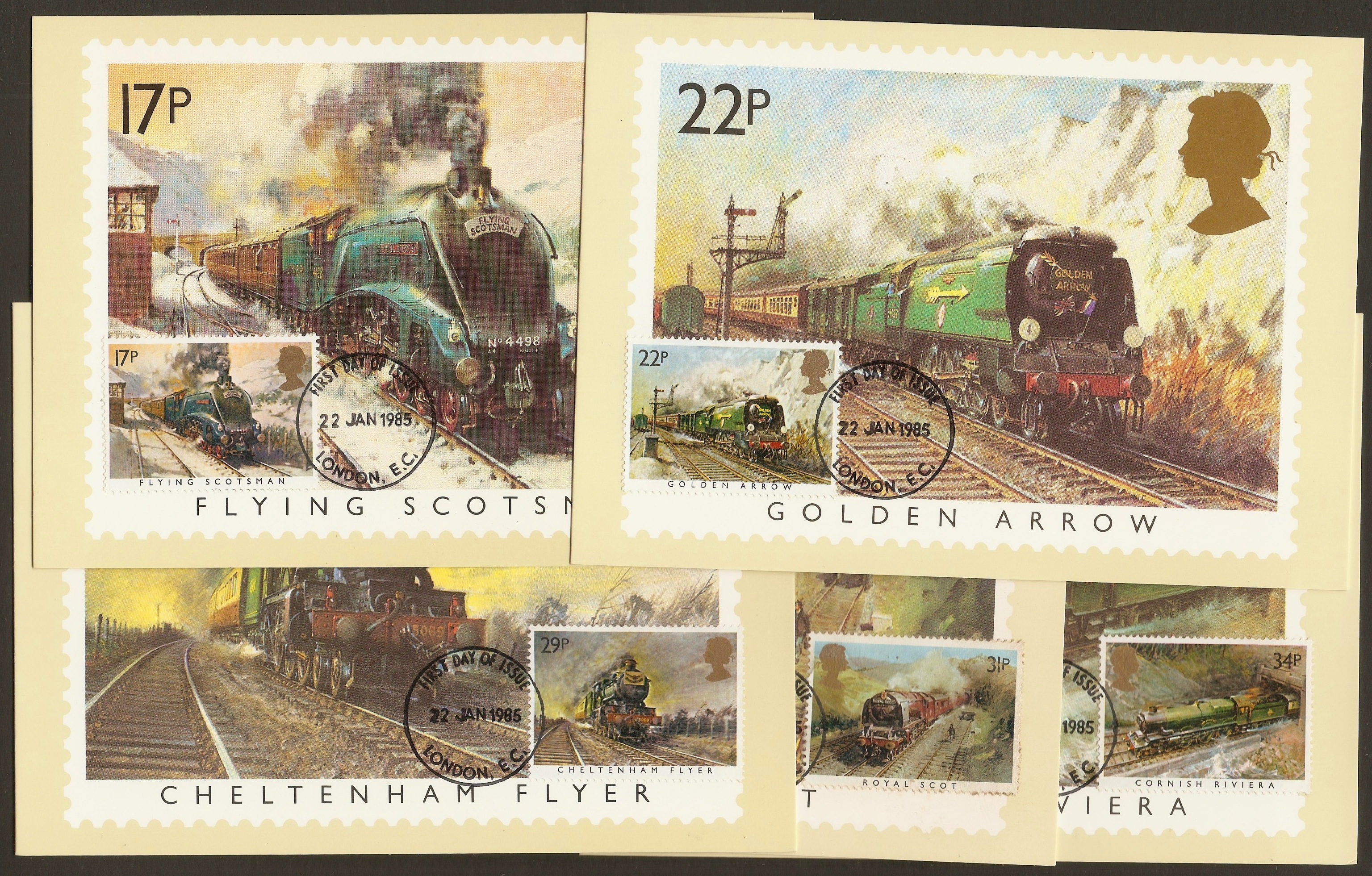Great Britain 1985 Famous Trains on set of 5 PHQ Cards.