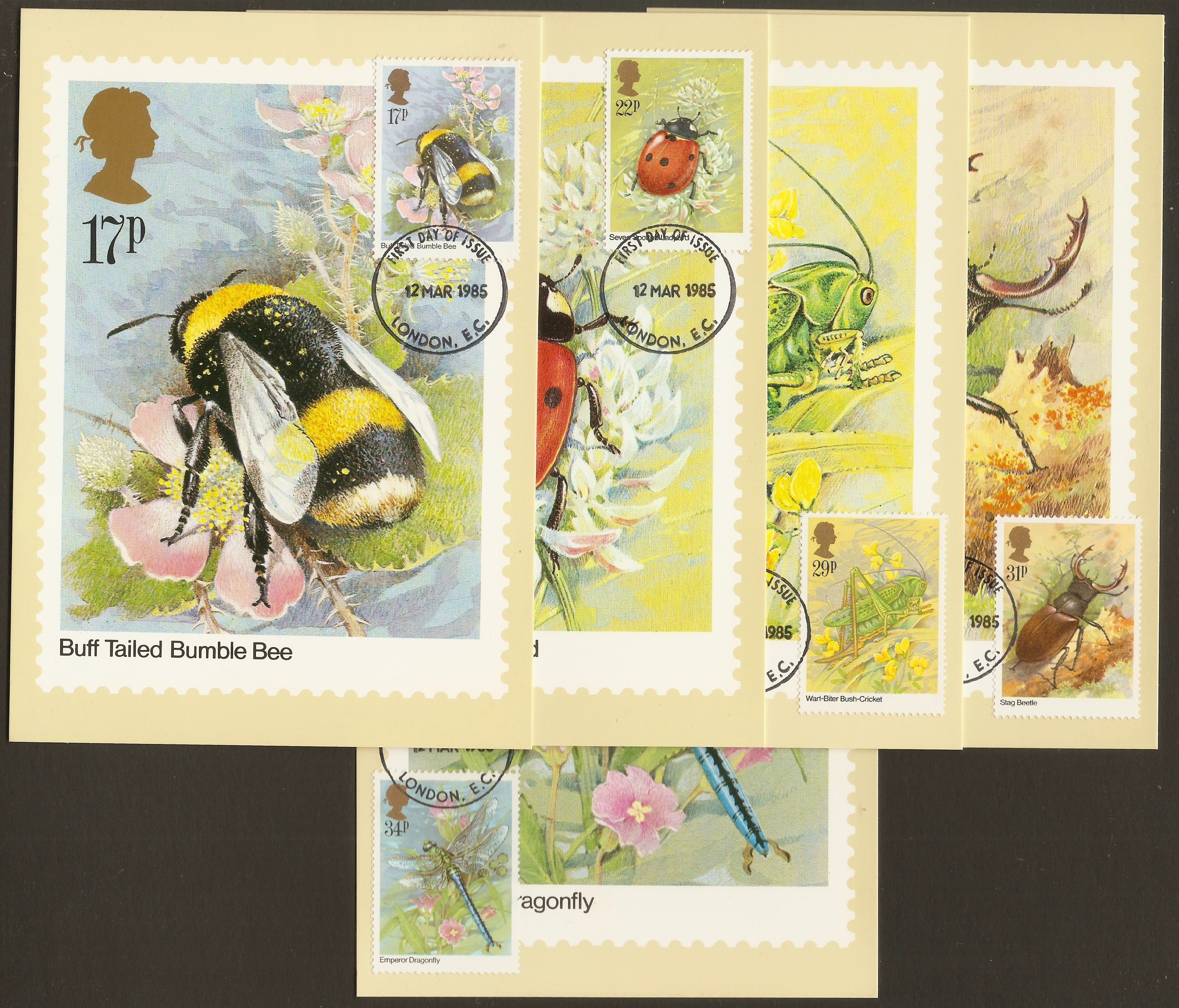 Great Britain 1985 Insects on set of 5 PHQ Cards.