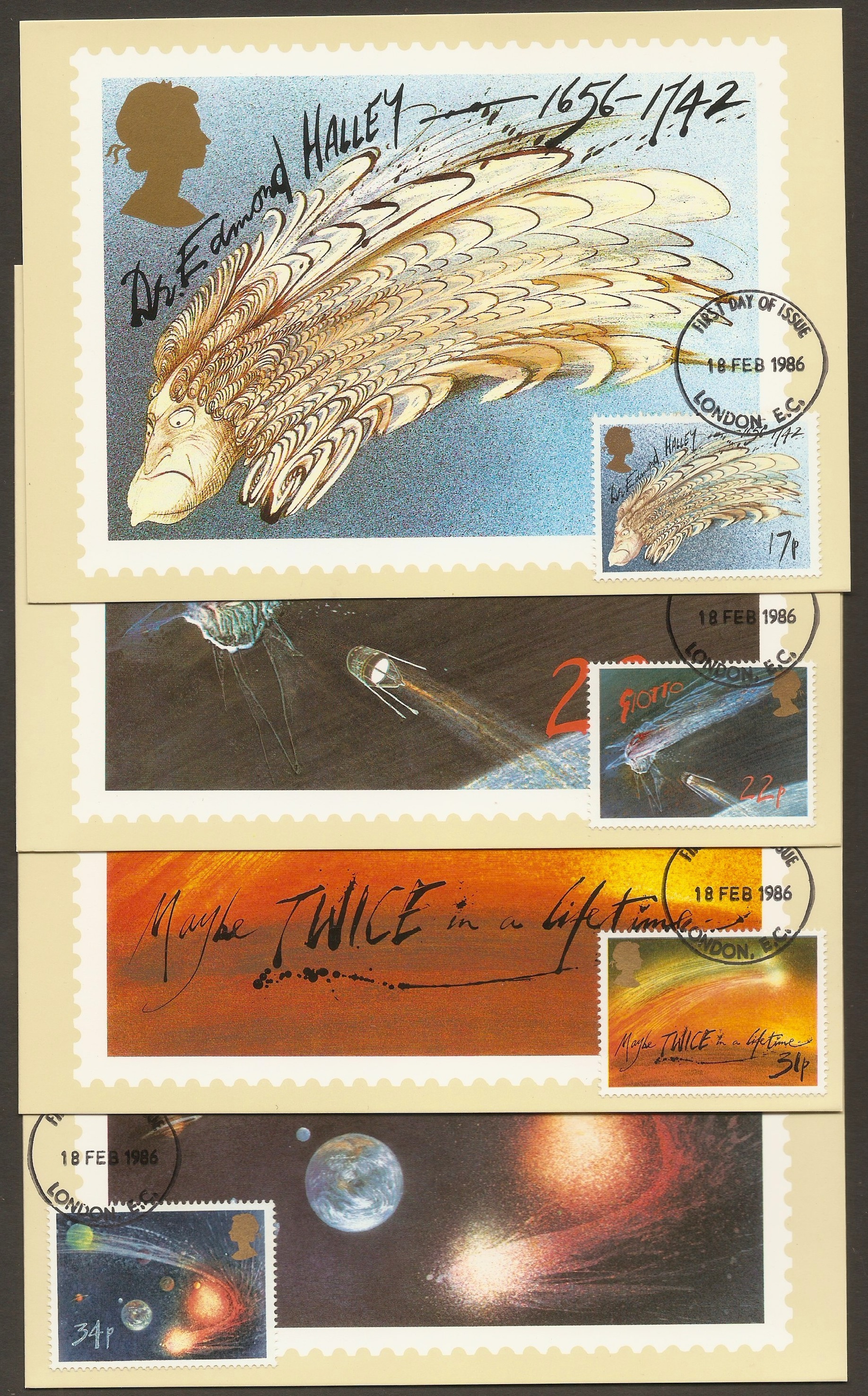 Great Britain 1986 Halley's Comet on set of 4 PHQ Cards.