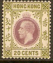 Hong Kong 1921 20c Purple and sage-green. SG125.