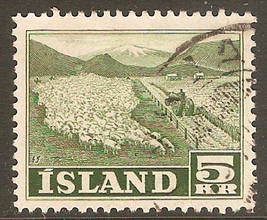 Iceland 1950 5k Yellow-green. SG307.