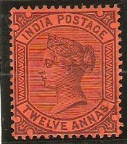 India 1882 12a Purple on red. SG100.