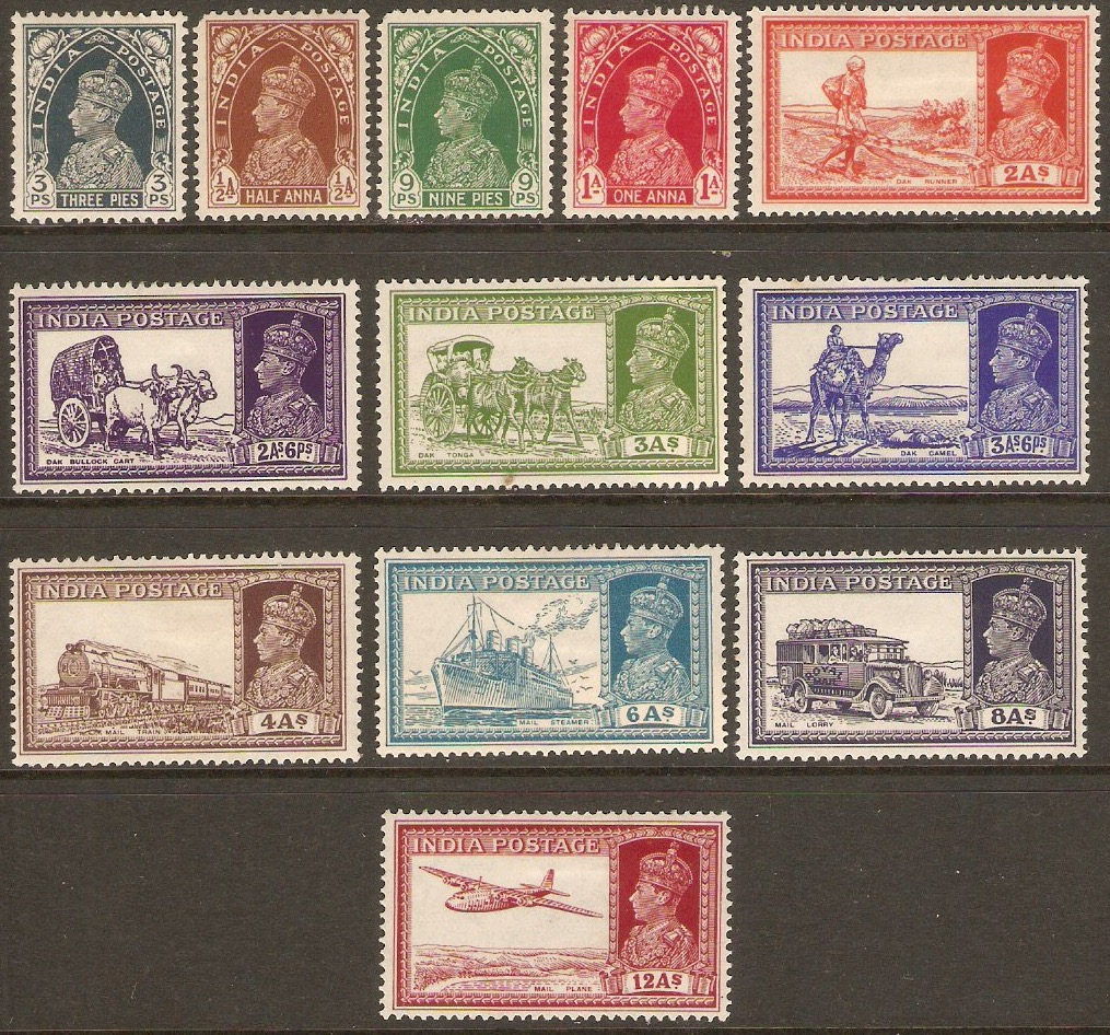 India 1937 King George VI definitives set. SG247-SG258.