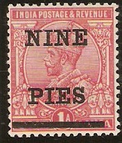 India 1921 9p on 1a Carmine-pink. SG193