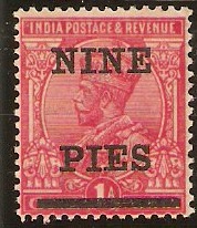 India 1921 9p on 1a aniline Carmine. SG194