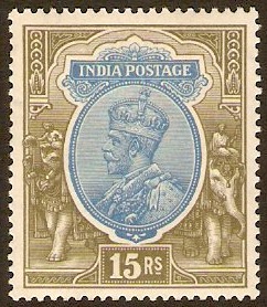 India 1926 15r Blue and olive. SG218w.