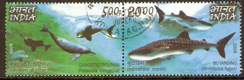 India 2009 Dolphin and Shark Stamps Set. SG2659a. Horizontal pai