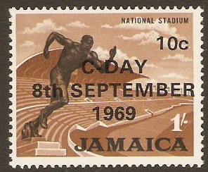 Jamaica 1969 10c on 1s Black and light brown. SG286.