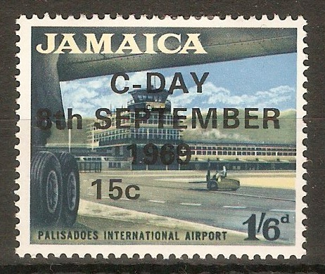 Jamaica 1969 15c on 1s.6d Black, light blue and buff. SG287.