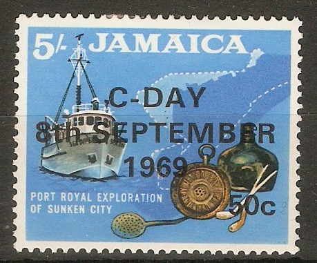 Jamaica 1969 50c on 5s Black, ochre and blue. SG290.