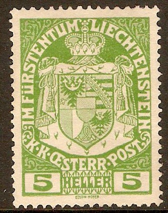 Liechtenstein 1917 5h Yellow-green. SG8.
