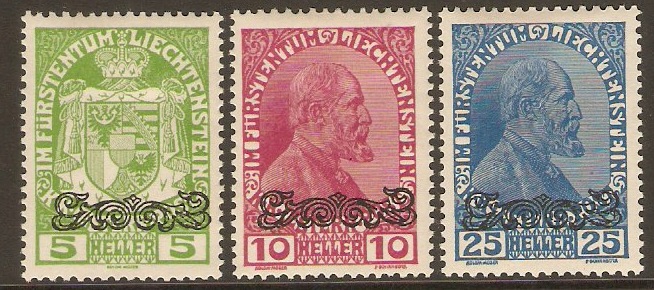 Liechtenstein 1920 Scroll overprint set. SG14-SG16.