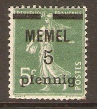 Memel 1920 5pf on 5c Green. SG1.