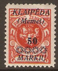 Memel 1923 50m on 25c Red. SG15.