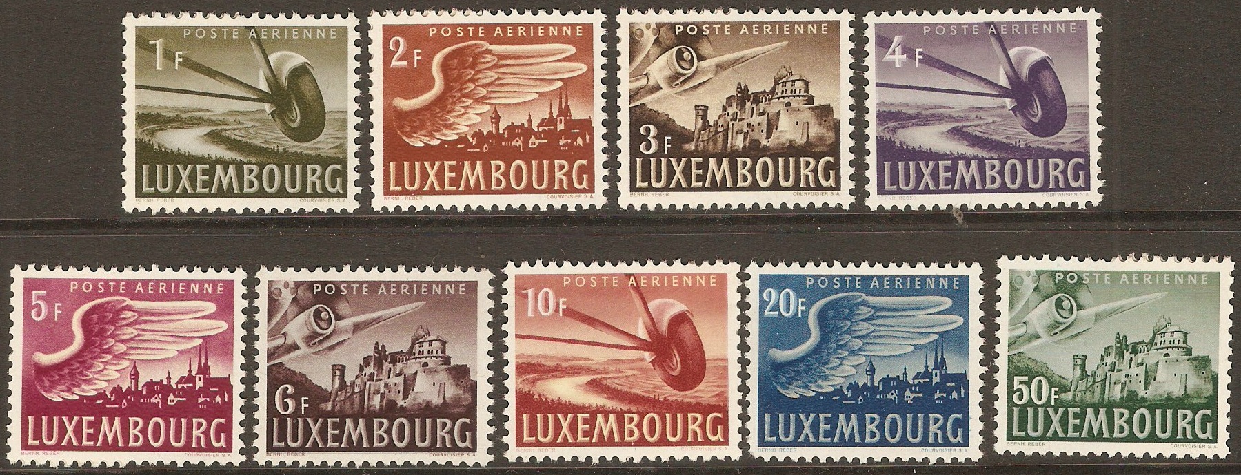 Luxembourg 1946 Air Stamps set. SG479-SG487.