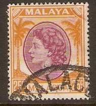Malacca 1954 25c Brown-purple and yellow-orange. SG32.