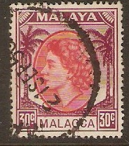 Malacca 1954 30c Rose-red and brown-purple. SG33.