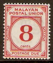 Malayan Postal Union 1936 8c Scarlet green Postage Due. SGD3.
