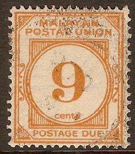 Malayan Postal Union 1945 9c Yellow-orange Postage Due. SGD11.