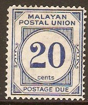 Malayan Postal Union 1951 20c Blue Postage Due. SGD21.