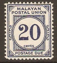 Malayan Postal Union 1951 20c Deep blue Postage Due. SGD21a.