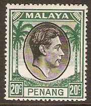 Penang 1949 20c Black and green. SG14.