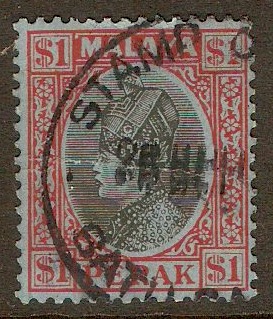 Perak 1935 $1 Black and red on blue. SG100.