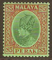Perak 1935 $5 Green and red on emerald. SG102.