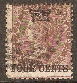 Straits Settlements 1867 4c on 1a Deep brown. SG4.