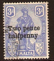 Malta 1925 2d. on 3d. Bright Ultramarine. SG142.