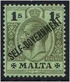 Malta 1922 1s. Black on Emerald Paper. SG110.