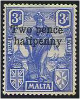 Malta 1925 2d. on 3d. Cobalt. SG141.