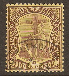 Montserrat 1908 3d Purple on yellow. SG40a. White back.