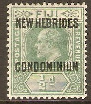 New Hebrides 1910 d Green Fiji stamp with overprint. SG10.