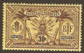 New Hebrides 1911 30c Brown on yellow. SGF15.