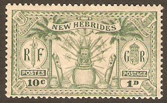 New Hebrides 1925 10c (1d) Green. SG44.