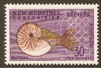 New Hebrides 1963 30c Chestnut, bistre and violet. SG103.