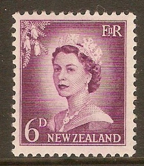 New Zealand 1955 6d Purple QEII definitives Series. SG750.