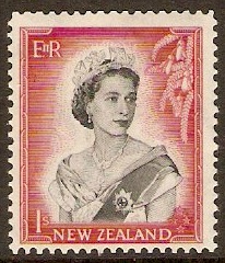 New Zealand 1953 1s Black & carmine-red. SG732.